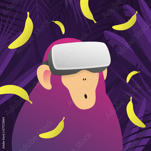 Monkey wearing vr glasses and watching on falling bananas in stylized jungle. Wild animal in virtual reality helmet. Modern 3D technology tests. Cyberspace in nature.