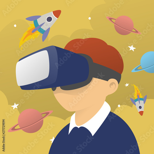 Young guy wearing virtual reality helmet. Boy in VR glasses play 3D video games. Happy little kid, child watching colourful cartoons. Gaming and childhood concept