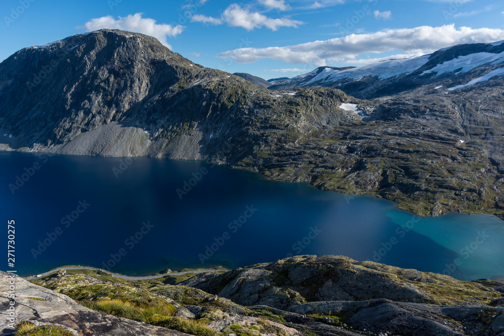 The blue water of Djupvatnet lake, a mountain lake in Norway
