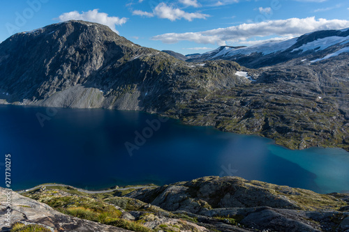 The blue water of Djupvatnet lake  a mountain lake in Norway