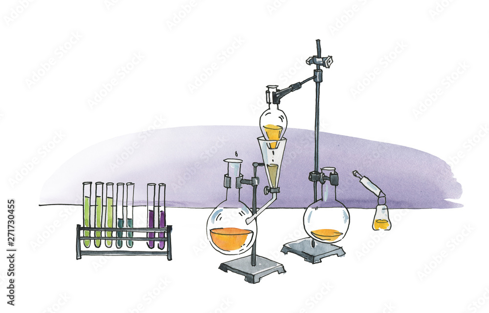 Mad Chemistry Test tubes and flasks on a tripod. Sublimation and distillation of liquids. Watercolor humorous illustration.
