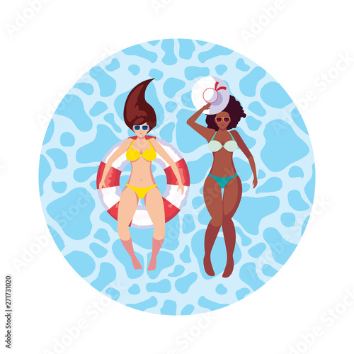interracial girls with swimsuit and lifeguard float in water
