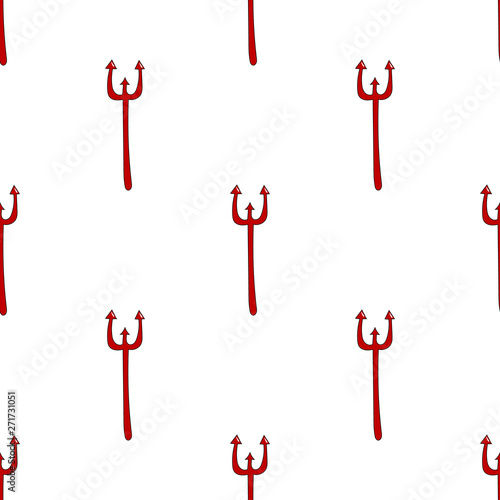 Seamless pattern with red devil tridents. Hell concept. Vector illustration for design, web, wrapping paper, fabric, wallpaper.
