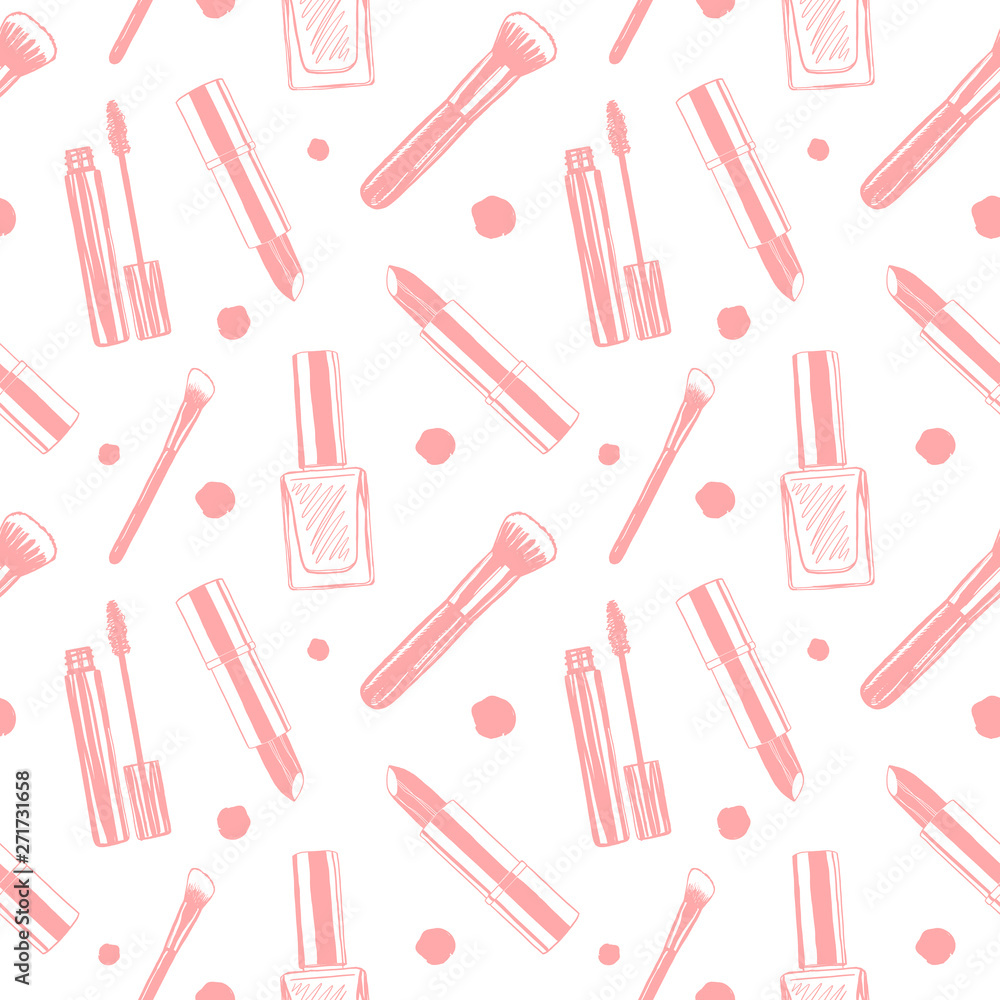 Beauty, makeup vector seamless pattern with cosmetics