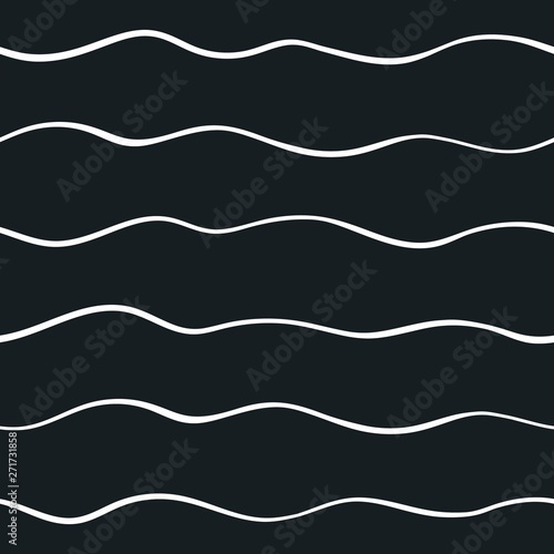 Vector abstract seamless white wavy swirl pattern on black. Fantasy modern background with hand drawn waves. Chalk doodle on black chalkboard. Black and white illustration, back to school concept.