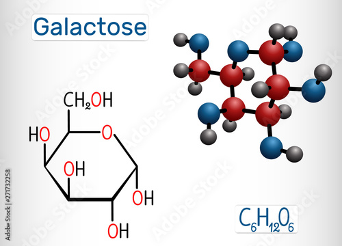 Galactose, alpha-D-galactopyranose, milk sugar molecule. Cyclic form