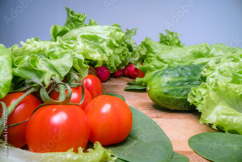Home grown and harvested vegetables on wooden table background. Fresh lettuce, salad, tomato, radish, spinach and cucumber. Healthy eating lifestyle