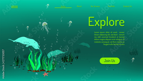 Fototapeta Naklejka Na Ścianę i Meble -  landing page website template. explore ocean life. time to travel. green tone background. vector illustration eps10
