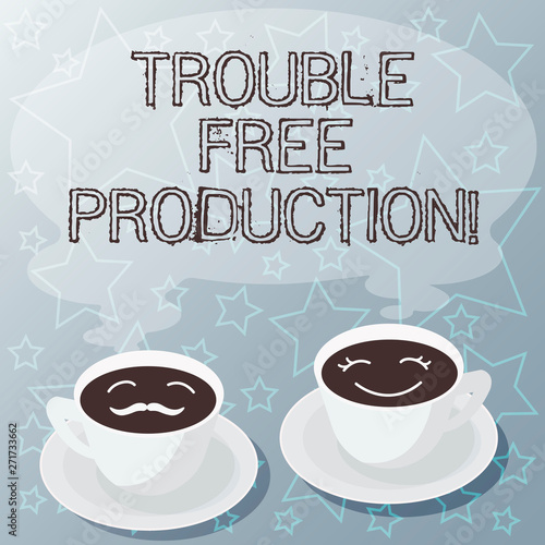 Handwriting text writing Trouble Free Production. Concept meaning Without problems or difficulties in the production Sets of Cup Saucer for His and Hers Coffee Face icon with Blank Steam photo