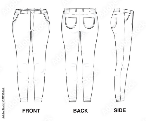 Isolated Trouser Pants Skinny Jeans object of clothes and fashion stylish wear fill in blank shirt. Regular Leg Casual Pockets Denim Sports Illustration Vector Template. Front, back and side view 