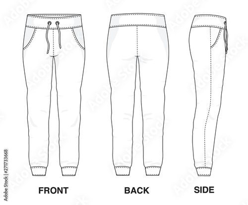 Isolated Trouser Pants Shorts object of clothes and fashion stylish wear fill in blank shirt. Regular Leg Casual Sweat Pants Sweats Sports Illustration Vector Template. Front, back and side view