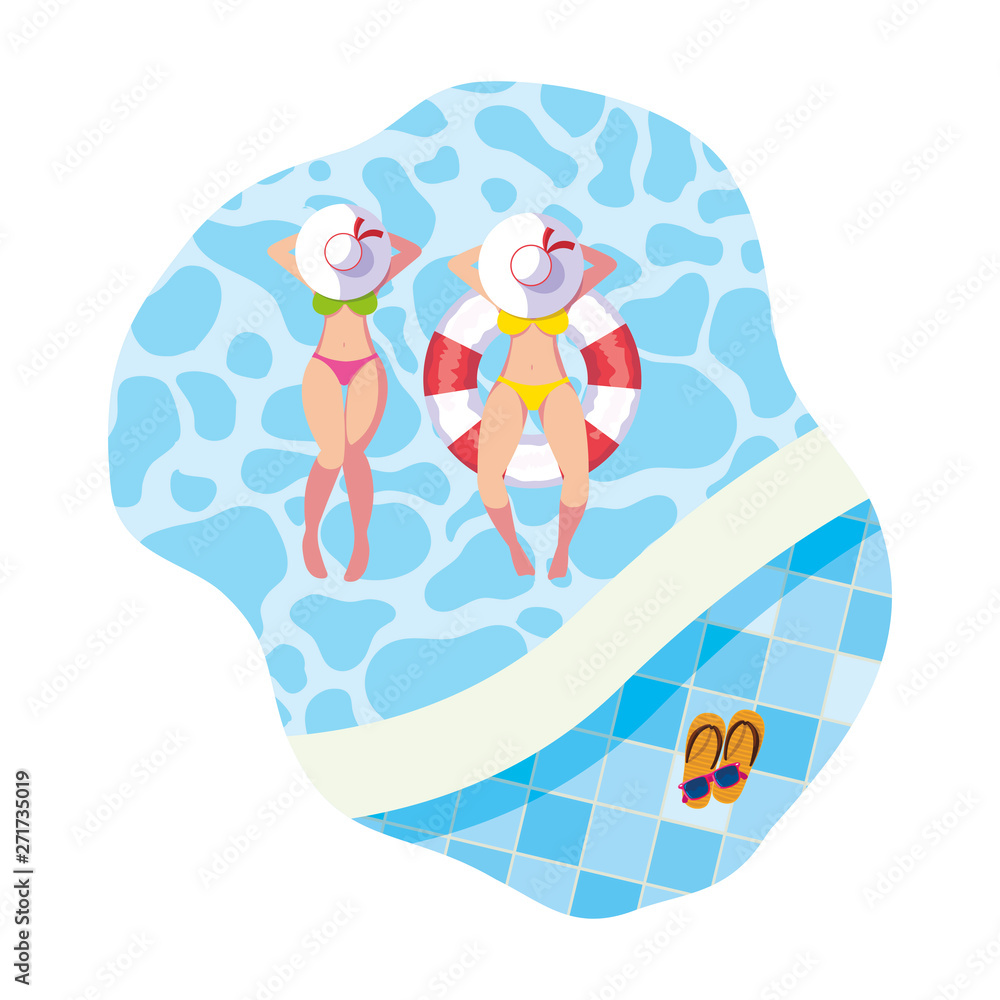 girls with swimsuit and lifeguard float in pool