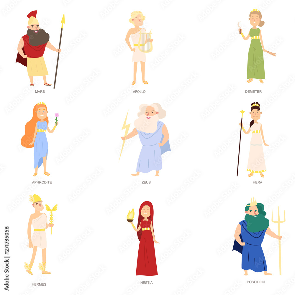 Fototapeta premium Set of greek ancient gods, different colorful character