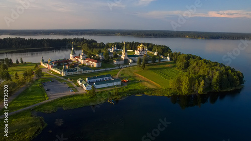 Valdai Iversky Svyatoozersky Virgin Monastery for Men. Selvitsky Island, Valdai Lake. Bird's-eye view on summer evening