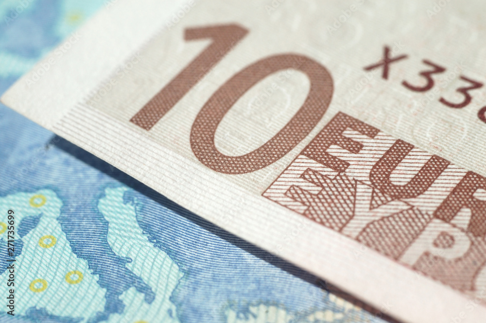 Obraz premium Fragment of ten euro bills closeup. Shalloe depth of field
