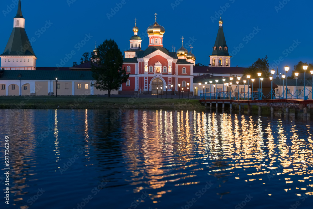 Valdai Iversky Svyatoozersky Virgin Monastery for Men. Selvitsky Island, Valdai Lake. Summer night