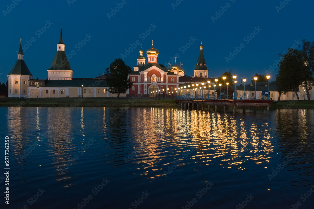 Fototapeta premium Valdai Iversky Svyatoozersky Virgin Monastery for Men. Selvitsky Island, Valdai Lake. Summer night