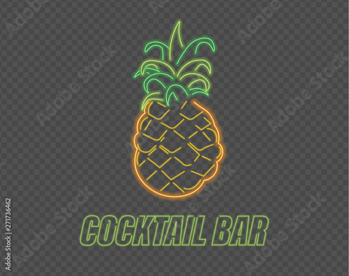 Neon pineapple cocktail sign Vector. Summer party banner posters