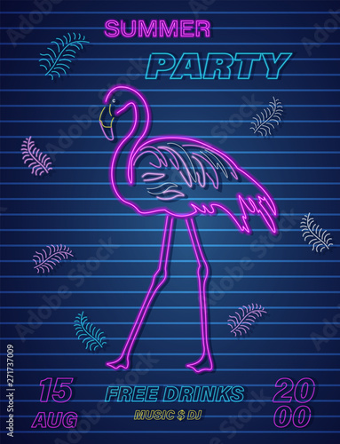 Neon flamingo summer tropic banner Vector. Night club poster label. Bright gl...