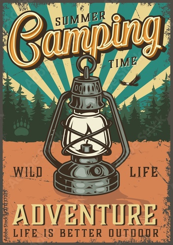 Vintage summer camping colorful poster