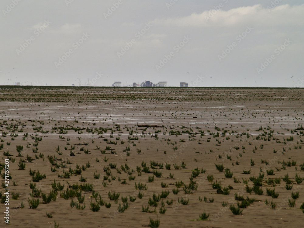 view to the beach buildings of Sankt Peter-Ording from Westerhever