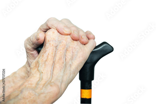 Old man holding stick on white background