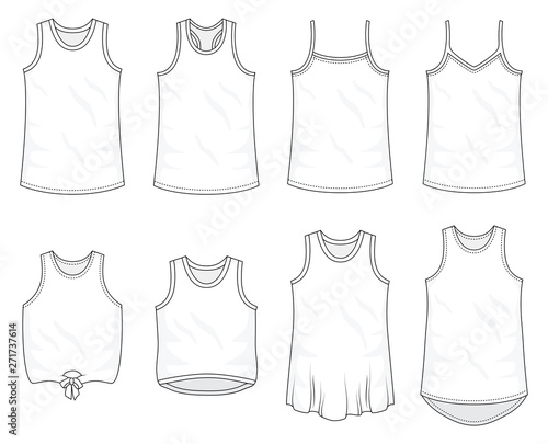 Set of top and sleeveless fashion stylish shirts collection template, fill in the blank shirt tops various styles