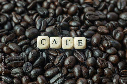  coffee roasted and text wood cube close up image.