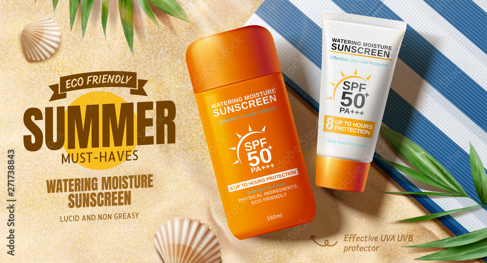 Sunscreen ads on beautiful beach Stock Vector | Adobe Stock