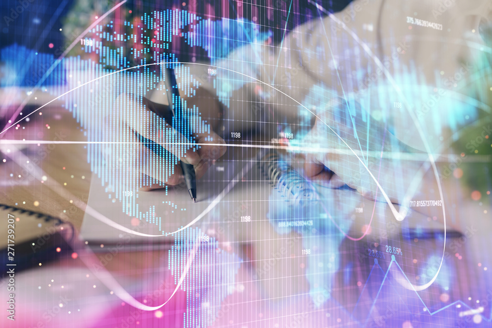 International business hud over woman's hands writing background. Concept of hard work. Double exposure International business hud over woman's hands writing background. Concept of hard work. Double exposure