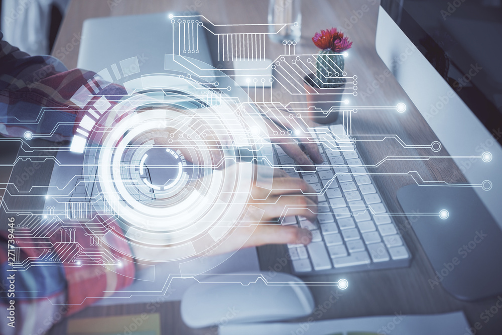 Businessman with computer background with technology theme hologram. Concept of big data. Double exposure. Businessman with computer background with technology theme hologram. Concept of big data. Double exposure.