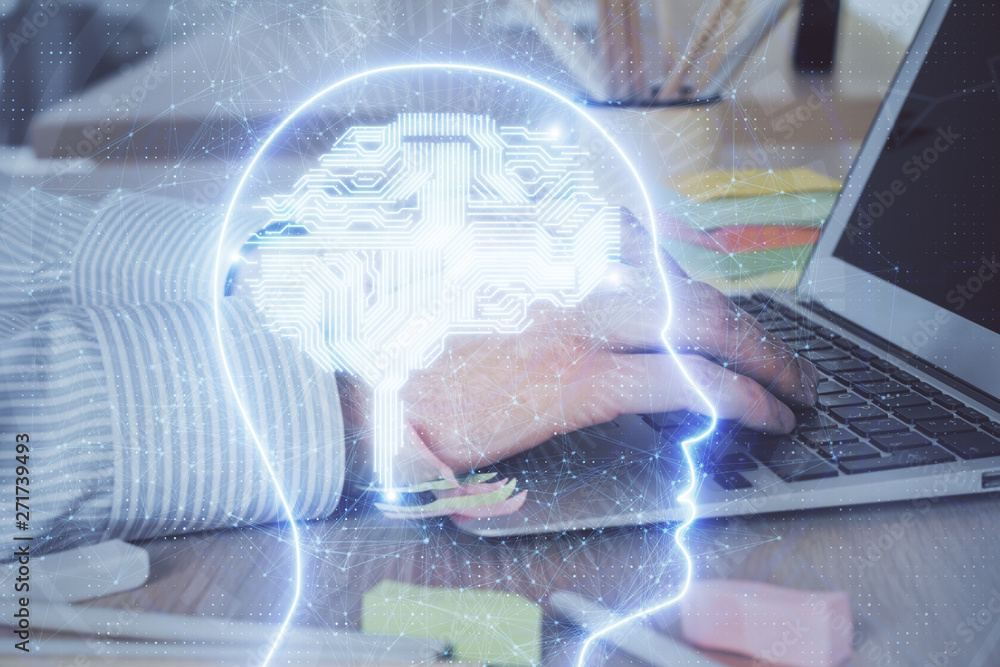 Man typing on keyboard background with brain hologram. Concept of big Data. Double exposure. Man typing on keyboard background with brain hologram. Concept of big Data. Double exposure.