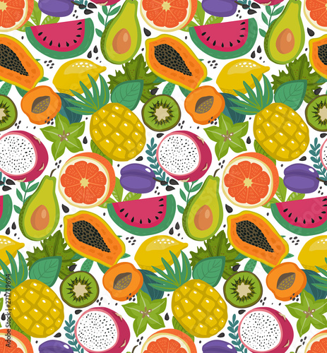 Fototapeta Naklejka Na Ścianę i Meble -  Vector seamless pattern with different tropical exotic fruits and brries in flat simple style