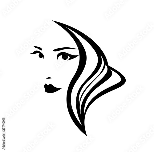 simple black and white vector design of beauty salon logo - elegant woman face and hair tress