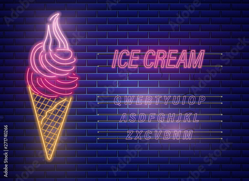 Ice cream cone neon Vector. Delicious dessert design label posters