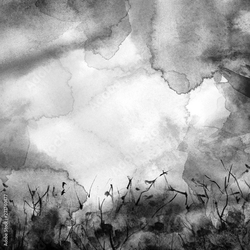 Black and white watercolor illustration. Vintage wild grass, flowers, plants. Stormy sky, cloud, rainy weather, storm. Black ink, paint. Stylish fashionable card, background, pattern.Grunge background
