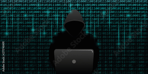 hacker an blue matrix binary code web background cyber crime vector illustration EPS10