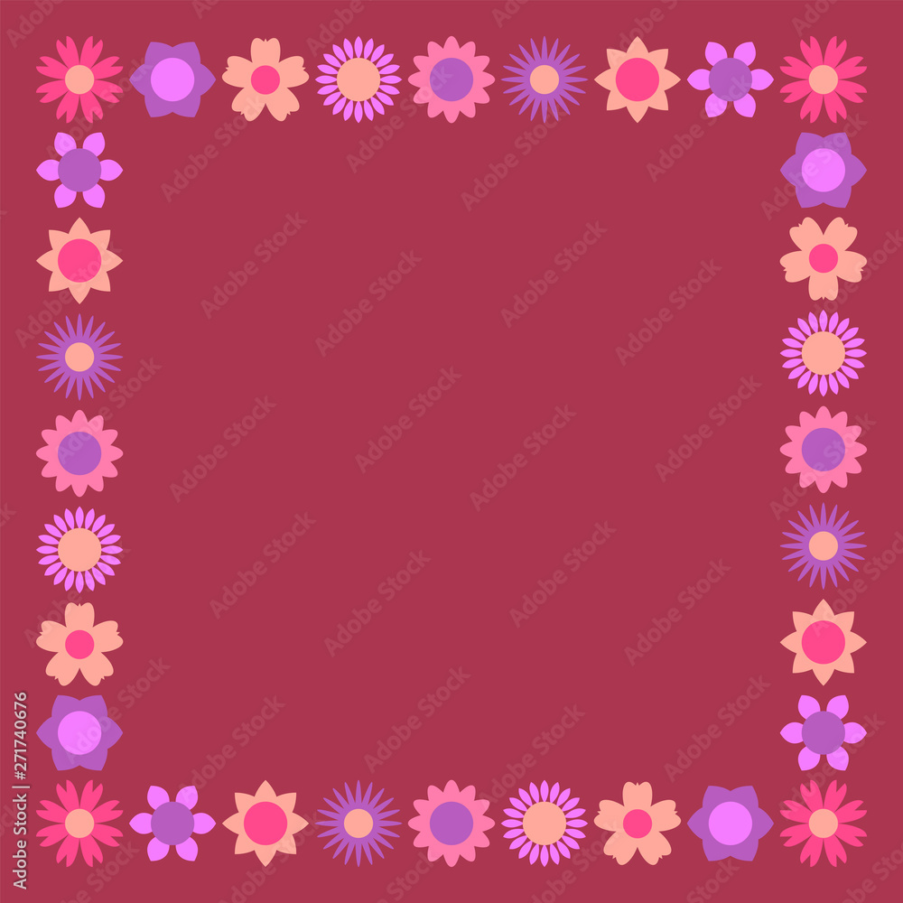 Modern square floral frame with colorful beautiful flowers