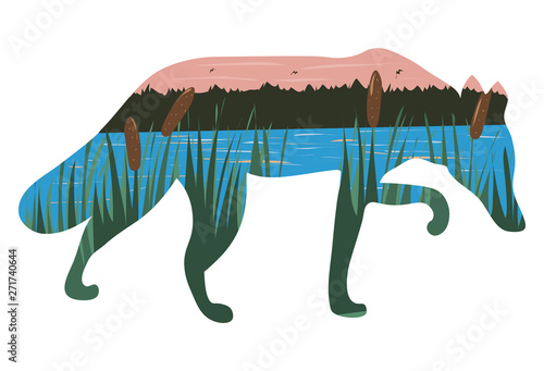 Graphic illustration in the form of a silhouette of a fox and nature inside. Pond at sunset in the tall grass. Illustration for t-shirts, trenches or covers.