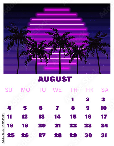 August neon calendar Vector. Summer decor design tropic sunsets