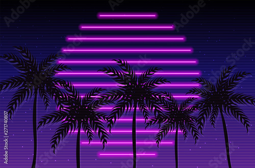 Tropic sunset california poster Vector. Colorful vintage decor symbols