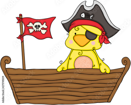 Fototapeta Naklejka Na Ścianę i Meble -  Cute yellow bird pirata on wooden boat