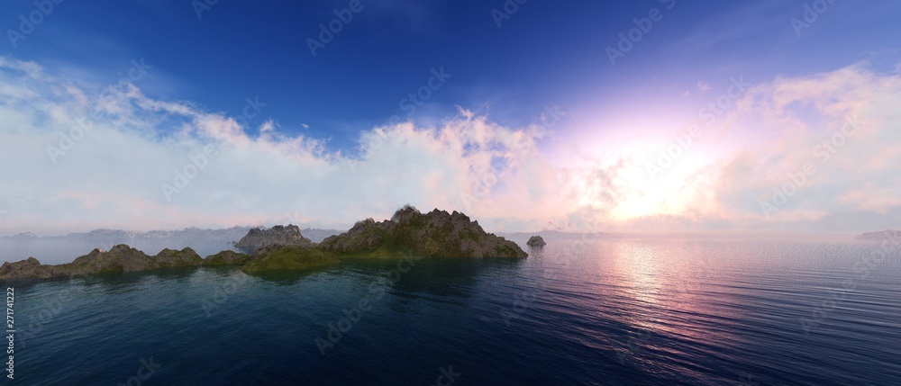 Islands at sunset, stony rocks in the water at sunset, 3d rendering