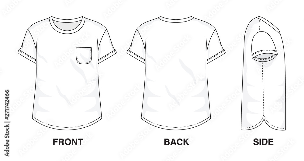 Isolated Baggy Loose t-shirt with Pocket object of clothes and fashion  stylish wear fill in blank shirt. Regular Tee Crew Neck Sleeves  Illustration Vector Template. Front, back and side view vector de