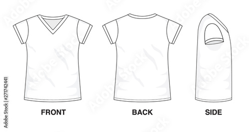 Isolated V-Neck t-shirt object of clothes and fashion stylish wear fill in blank shirt. Regular Tee V Neck Sleeves Illustration Vector Template. Front, back and side view 