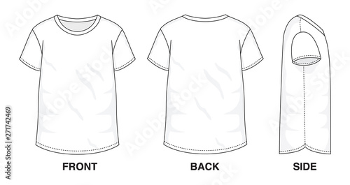 Isolated Baggy Loose t-shirt object of clothes and fashion stylish wear fill in blank shirt. Regular Tee Crew Neck Sleeves Illustration Vector Template. Front, back and side view