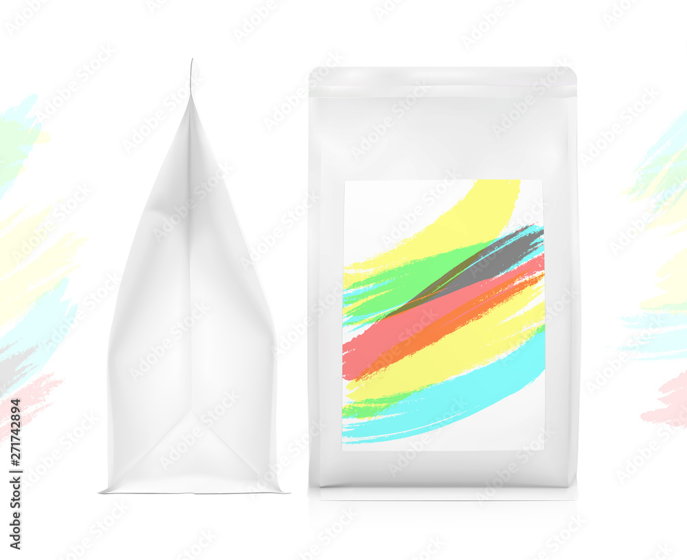 Quad seal bag with vertical gusset. Vector illustration on white background. Can be use for coffee, tea, salt, snack, flour and etc. Packaging mockup ready for your design. EPS10.	