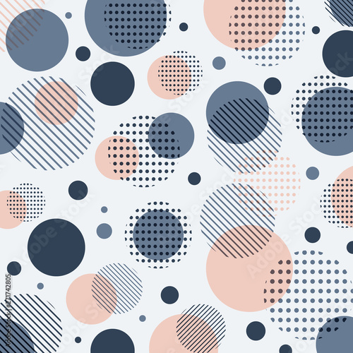 Abstract modern blue, pink dots pattern with lines diagonally on white background.