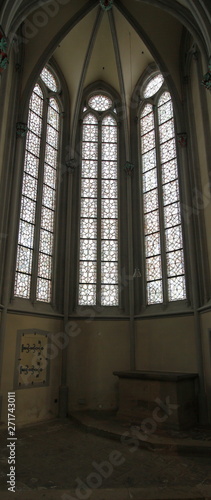 Three church windows from the inside seen