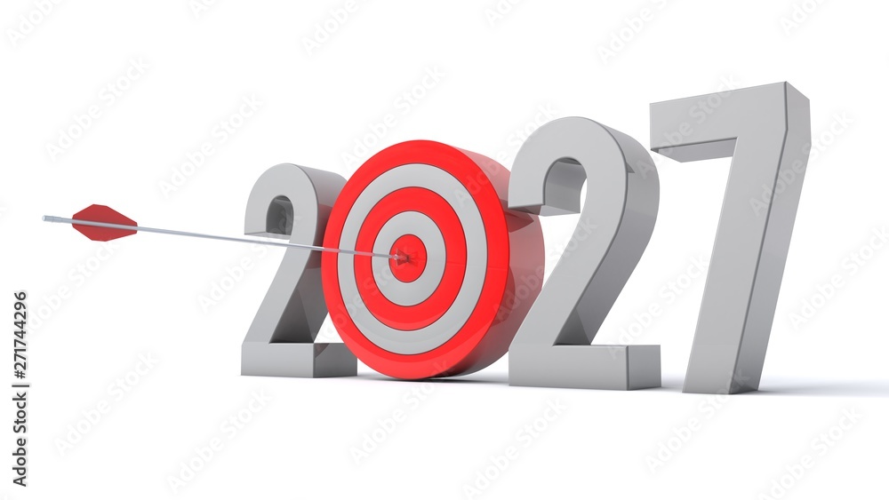 3D illustration of number 2027 with target concept 3D illustration of number 2027 with target concept